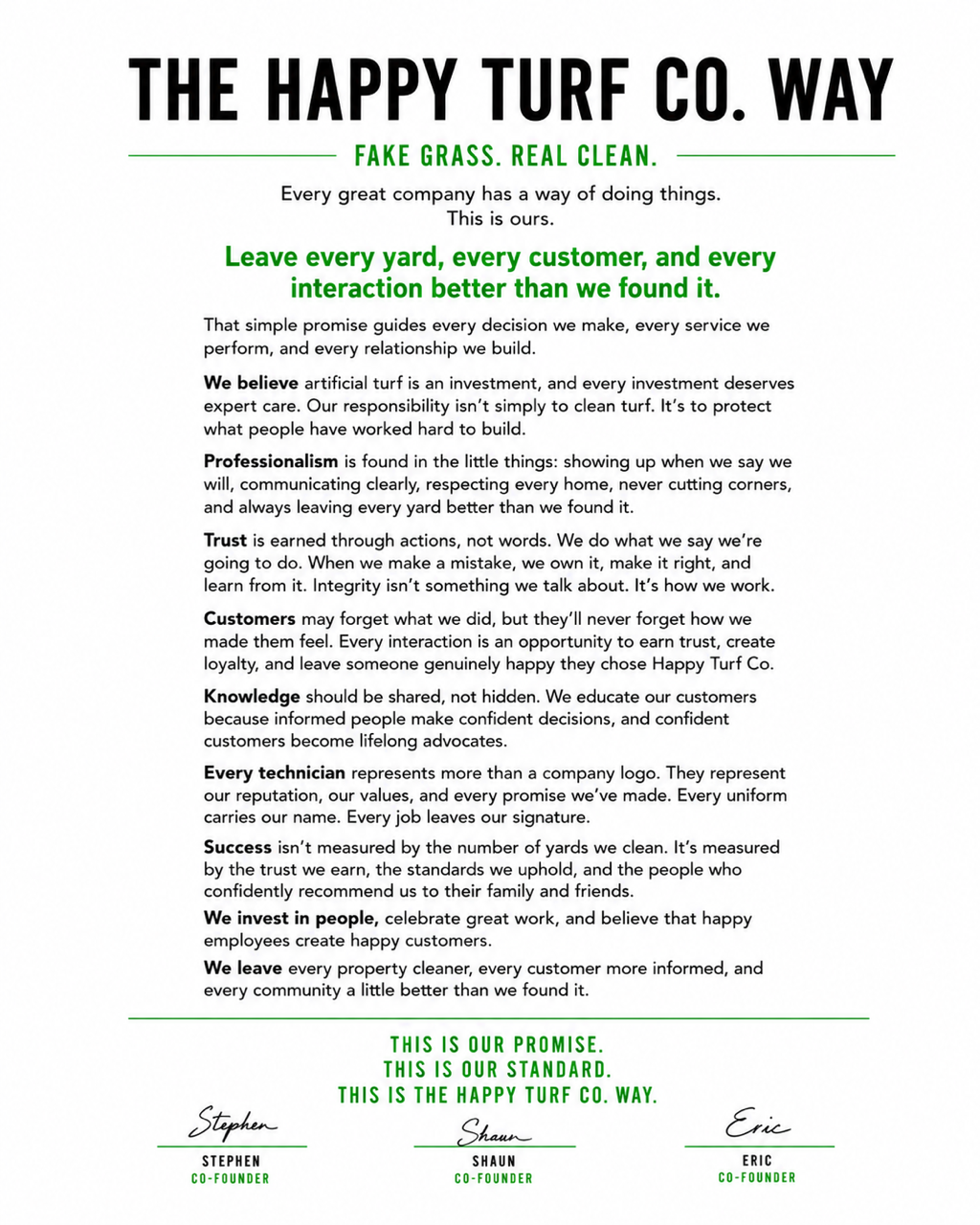 The Happy Turf Co. Way memorandum — leave every yard, every customer, and every interaction better than we found it.